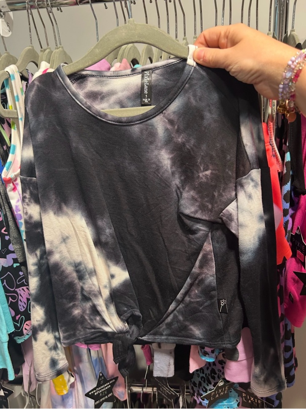 PixieLane Girls' Black & White Tie-Dye Long Sleeve Knot Top